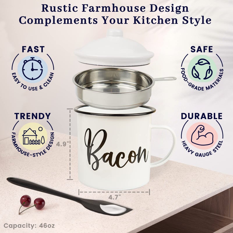Ayerphalo Bacon Grease Container with Strainer - With Food-Grade Silicone Spatula  46oz Large Enamel Rustic Farmhouse Fat Container  Keeper  Recipes  Dishwasher Safe - Image 3